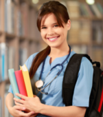 A nurse wearing a backpack and holding books