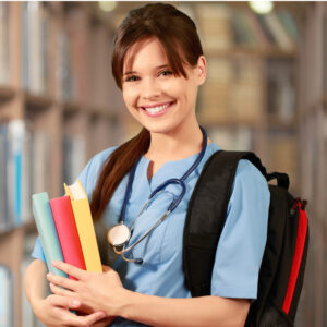 A nurse wearing a backpack and holding books