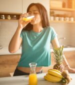 A woman drinking orange juice